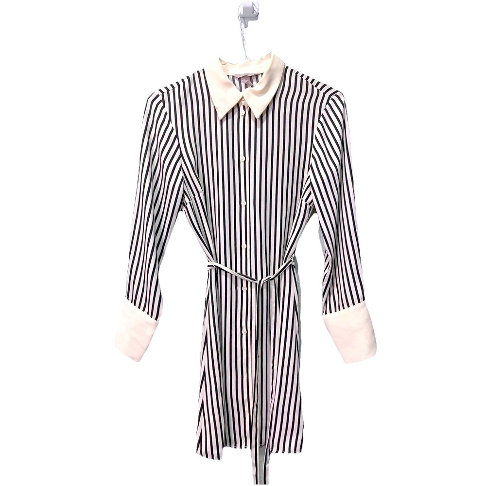 H&M Striped‎ Button Down Shirt Dress Womens Small Black White Tie Waist Mini